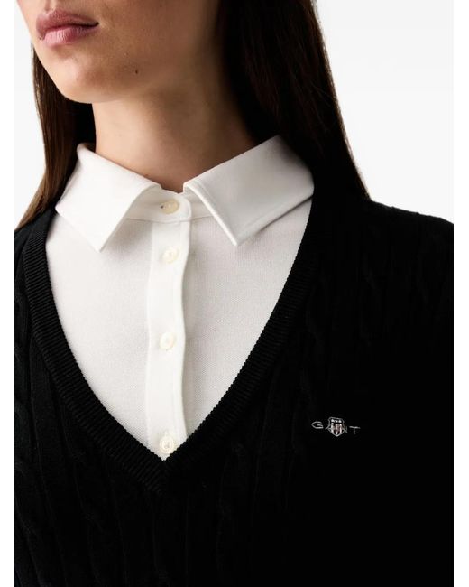Gant Black Cable-Knit V-Neck Sweater