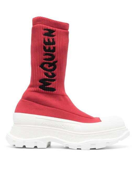 Alexander McQueen Sock-style Logo-print Boots in Red | Lyst