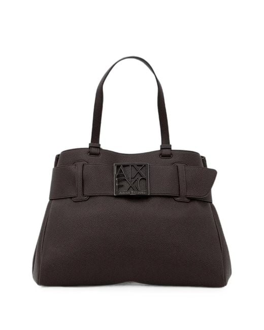ARMANI EXCHANGE Black Logo-Plaque Pebbled-Texture Tote Bag