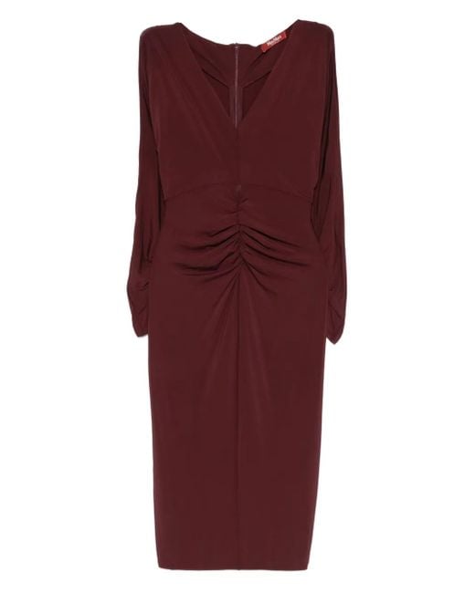 Max Mara Red Ruched-Detail Long-Sleeve Midi Dress