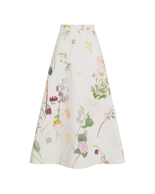 Oscar de la Renta White Botanical-Print Denim Skirt