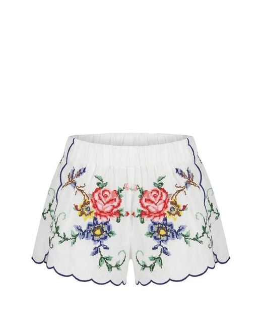 ORSINA White New Roses Floral-Embroidered Scalloped Shorts