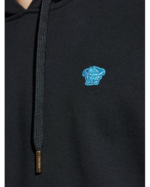 Versace Blue Embroidered-Logo Cotton Hoodie for men