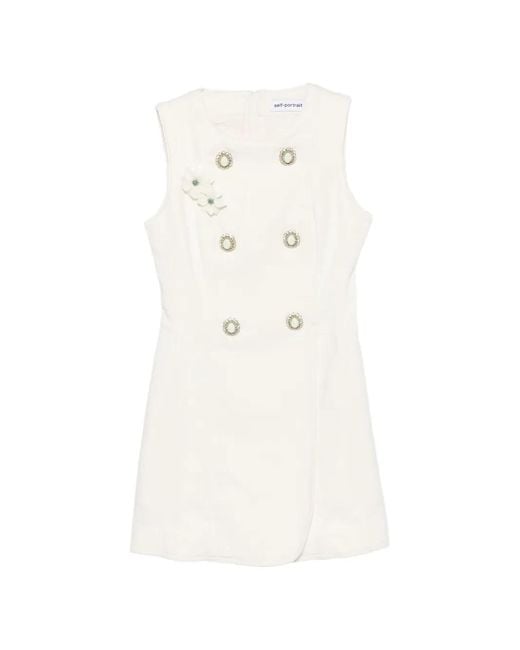 Self-Portrait White Floral-Appliqué Mini Denim Dress