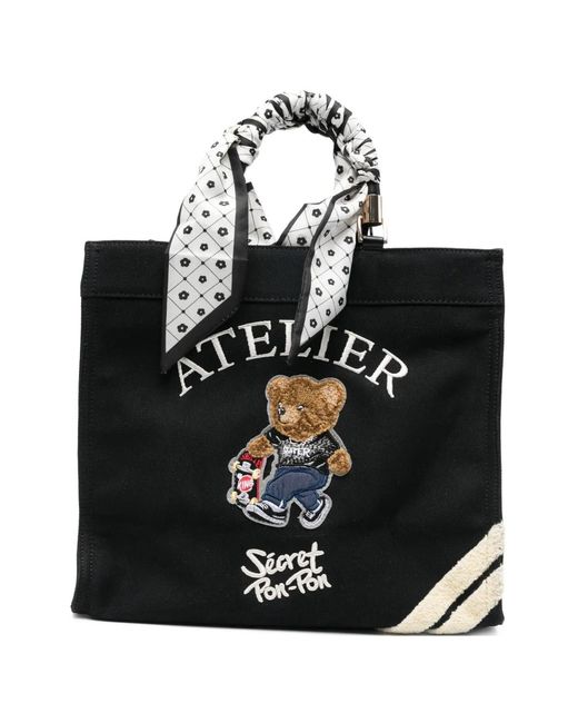 Secret Pon-pon Black Medium Saint Tropez Teddy-Bear Tote Bag