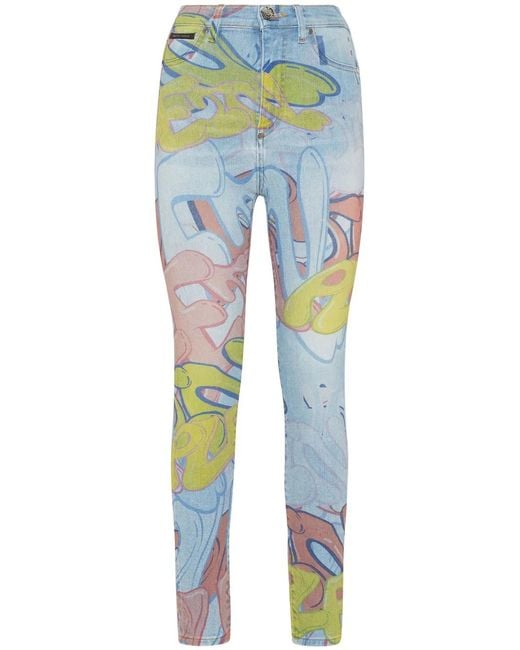 Philipp Plein Blue Bombing Graffiti-Print Skinny Jeans