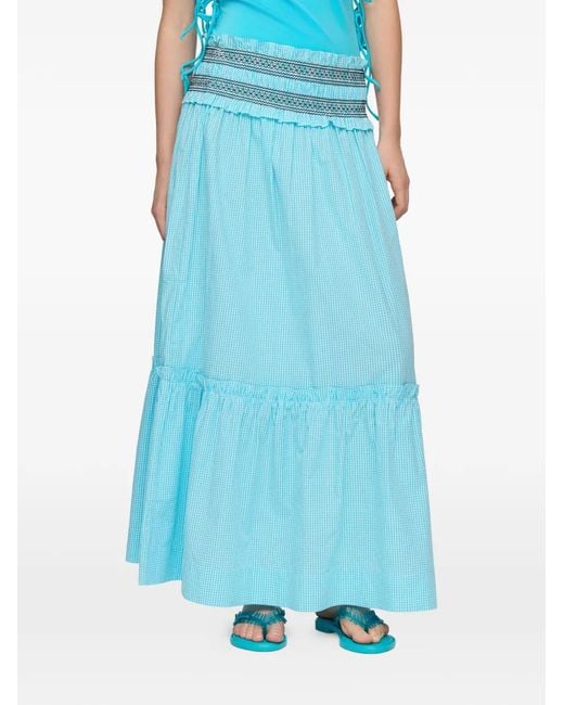 Ganni Blue Checked Convertible Smocked Maxi Skirt