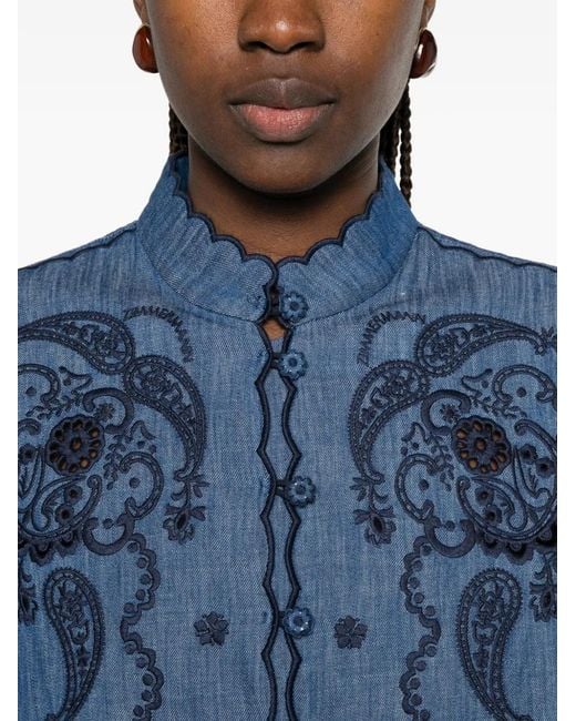 Zimmermann Blue Aster Paisley-embroidered Scalloped Blouse