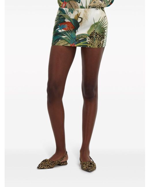 Roberto Cavalli Green Jungle-print Silk Miniskirt