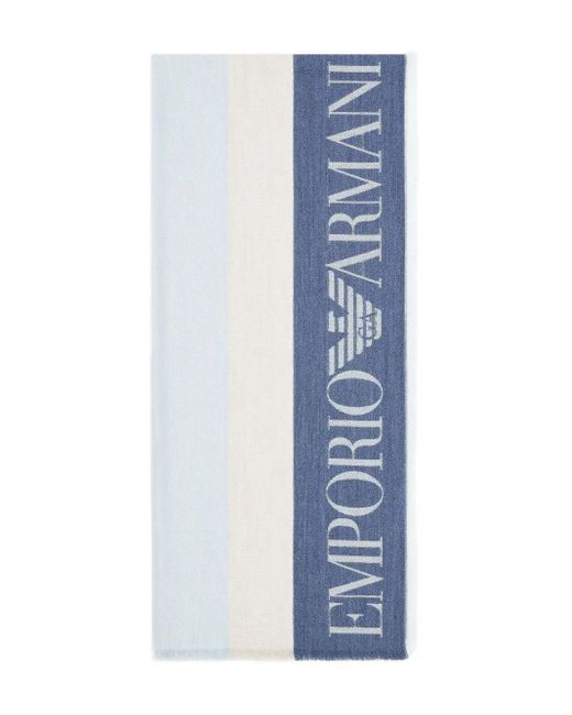 Emporio Armani Blue Logo-Embellished Striped Scarf for men