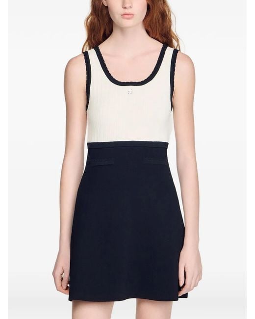 Sandro Black Ruffled Two-Tone Knit Mini Dress