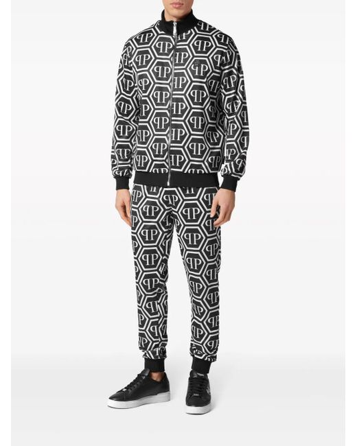 Philipp Plein Black Monogram-Print Track Jacket for men