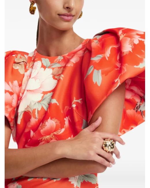 LEO LIN Lucinda フローラル パフスリーブ ドレス Red