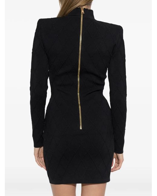 Balmain Black Button-Embellished Diamond-Knit Mini Dress