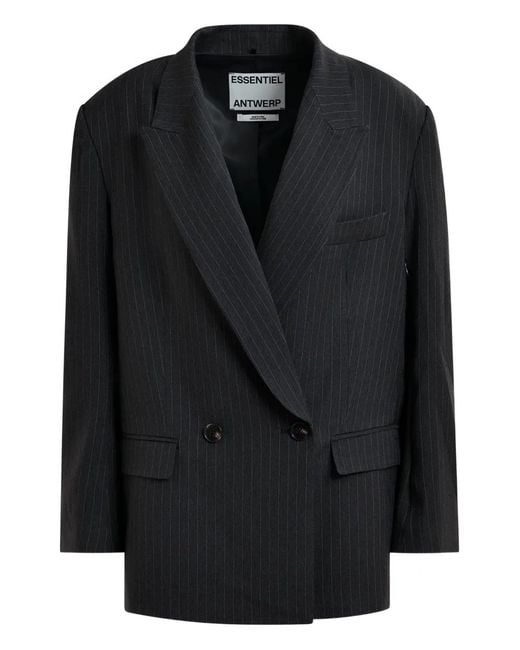 Essentiel Antwerp Black Pinstripe Double-Breasted Blazer