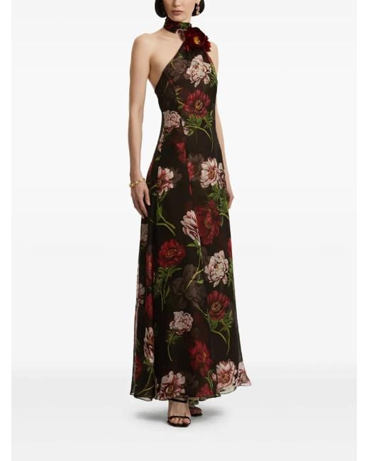 Oscar de la Renta Brown Floral-Print One-Shoulder Maxi Gown