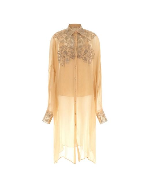 Ermanno Scervino Natural Embroidered Silk Shirt Dress