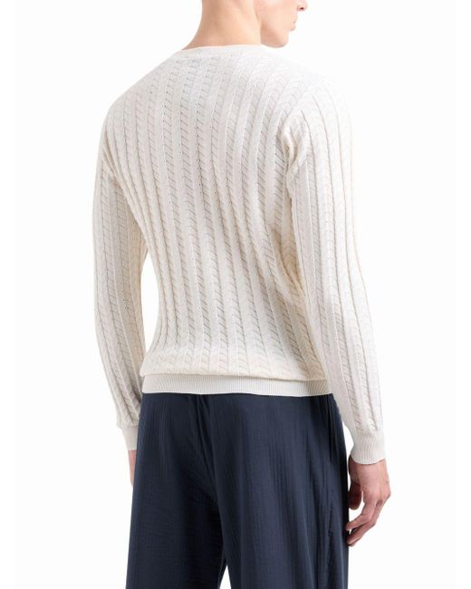 Giorgio Armani White Cable-Knit Cotton-Blend Jumper for men