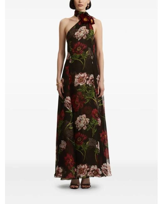 Oscar de la Renta Brown Floral-Print One-Shoulder Maxi Gown
