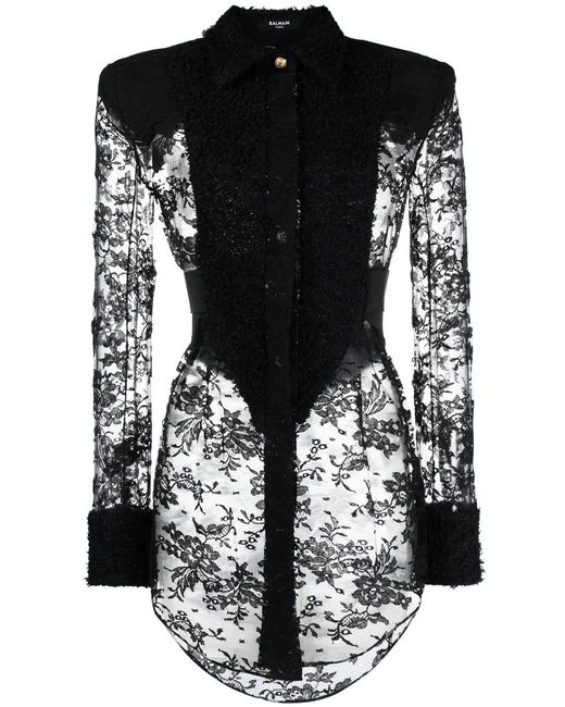 Balmain Black Tweed And Lace Plastron Shirt
