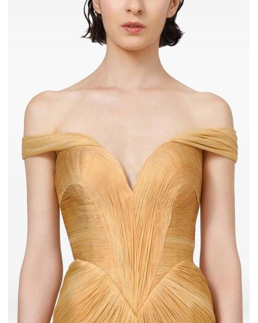 IRIS SERBAN Metallic Off-Shoulder Pleated Dress