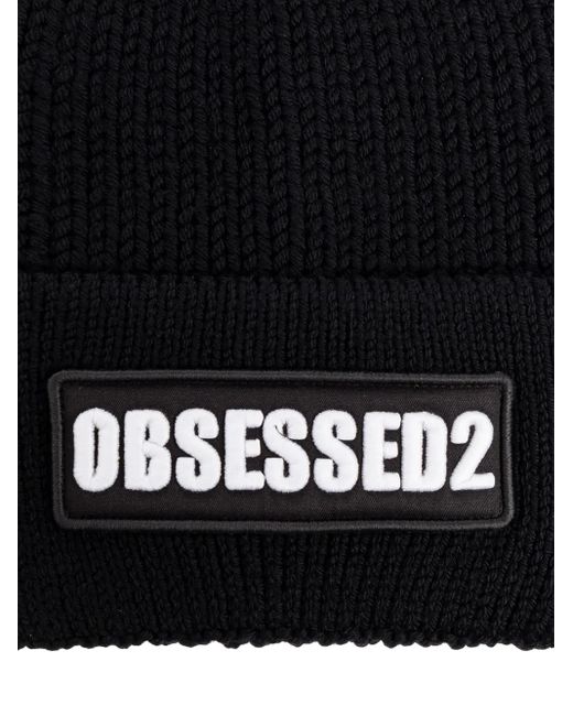 DSquared² Black Embroidered Ribbed-Knit Beanie for men