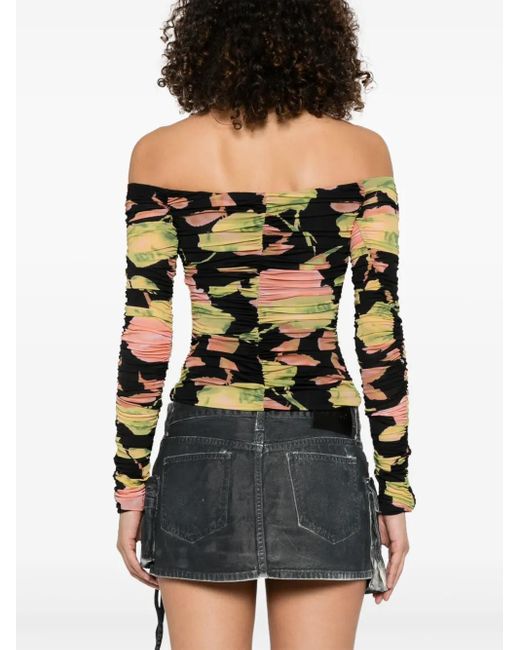 Blumarine Black Floral-Print Ruched Top