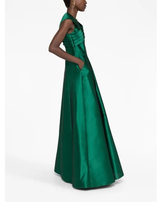 Alberta Ferretti Green Pleat-Detail Asymmetric Flared Gown