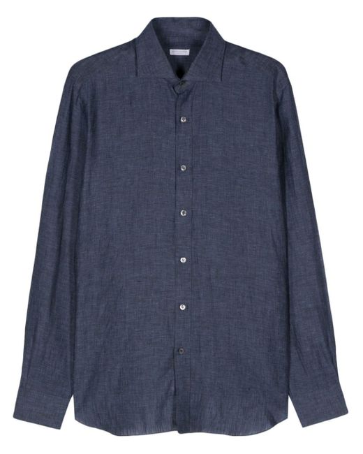 Barba Napoli Blue Mélange-effect Linen Shirt for men