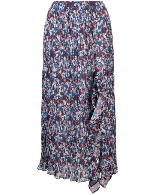 Ganni Blue Floral-print Pleated Midi Skirt