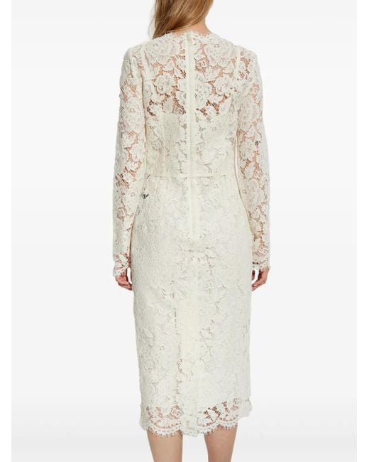 Dolce & Gabbana White Langärmeliges Stretch-Spitzenkleid Mit Logo