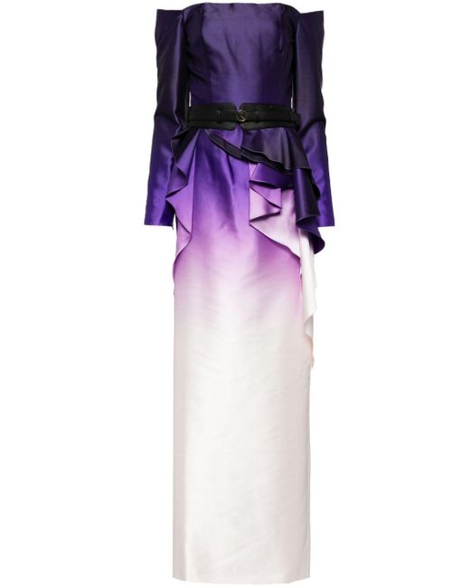 Off-shoulder gradient printed dress with peplum Saiid Kobeisy de color Purple