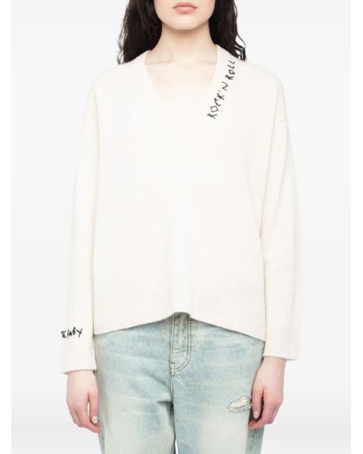 Zadig & Voltaire White Mikyz Merinopullover mit Stickerei