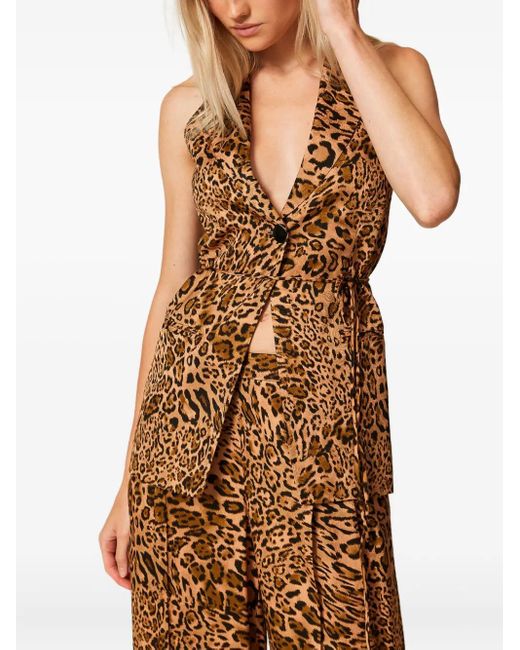 Twinset Brown Leopard-Print Belted Waistcoat