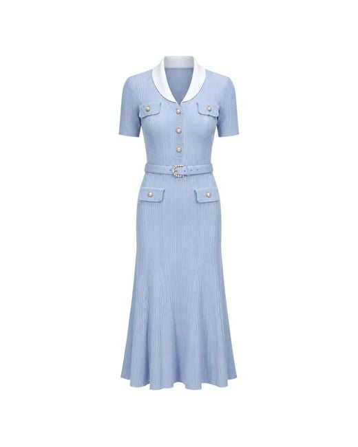 Self-Portrait Blue Ribbed Knit Midi Dress