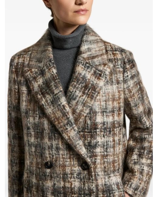 Peserico Gray Check-Pattern Double-Breasted Coat