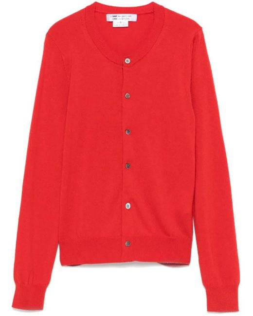 Comme des Garçons Red Cashmere Cardigan. Straight Cut. Button Front Closure. Round Collar. Made