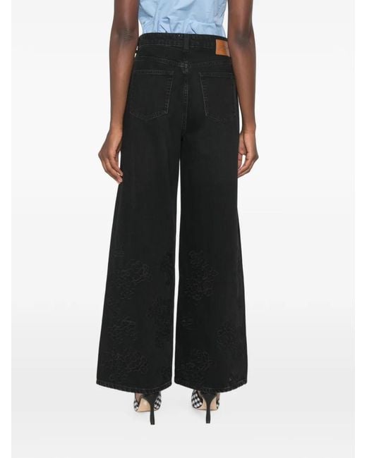 Ganni Black Floral-Embroidered Wide-Leg Jeans