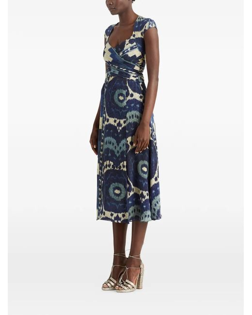 Ralph Lauren Blue Cap-Sleeve Pattern Midi Dress