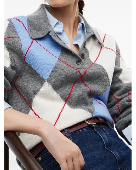 Tommy Hilfiger Blue Argyle-Knit Polo-Collar Sweater