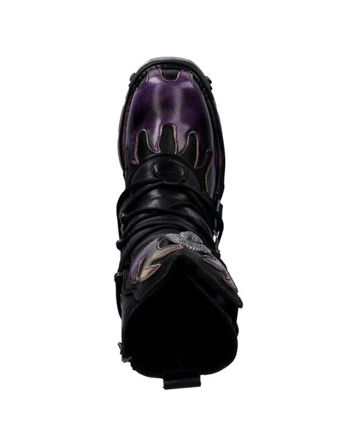 New Rock Black Flame-Design Leather Boots
