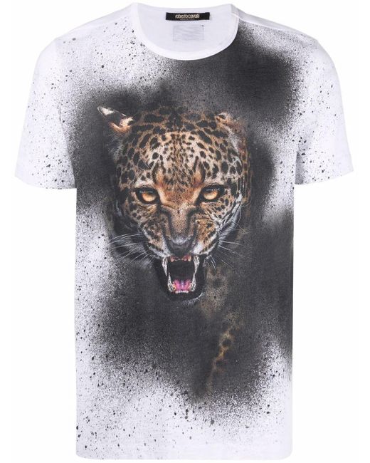 Roberto Cavalli Paint-splatter Tiger-print T-shirt in White for Men | Lyst