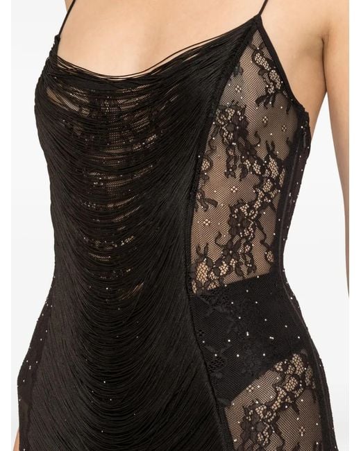 Nissa Black Fringed Lace Maxi Dress