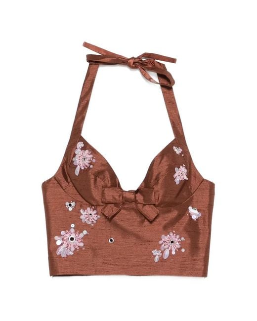ShuShu/Tong Brown Bead-Embellished Bow-Detail Top