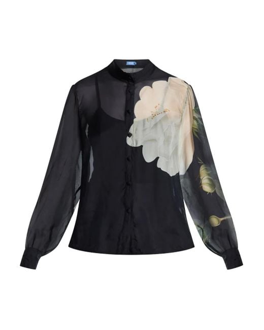 LEO LIN Black Floral-Print Sheer Blouse