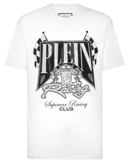 Philipp Plein White Jersey T-Shirt Round Neck Ss Strass Racing Club for men