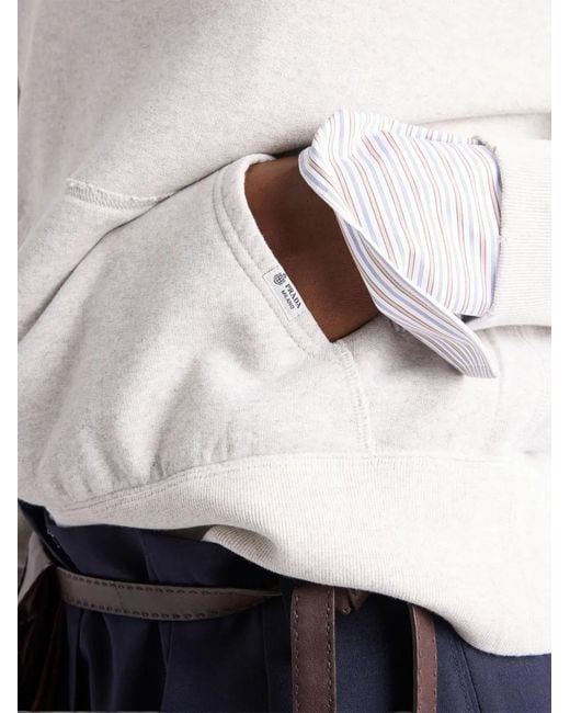 Prada White Cotton Fleece Hoodie With Jewel Brooch