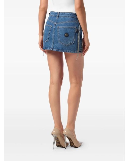 Philipp Plein Blue Denim Mini Skirt Crystal Fringes