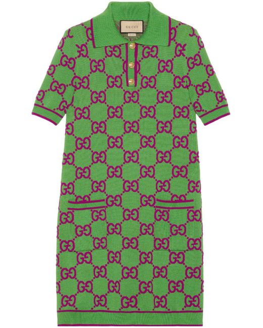 Gucci Green Kleid Im Polostil Aus Baumwolle Und Seide Mit GG