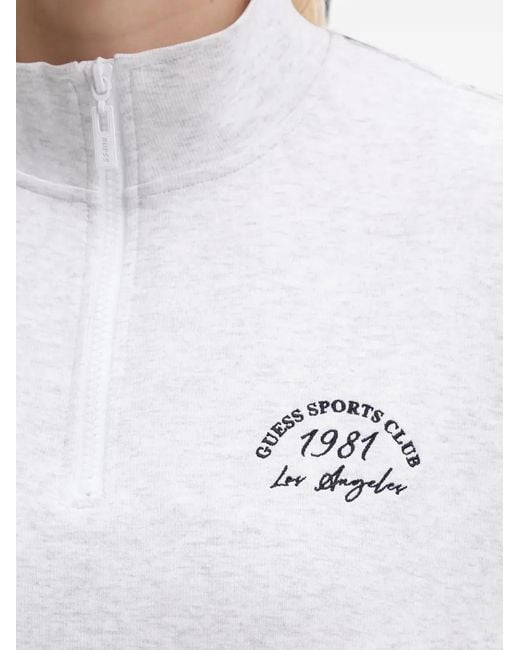 Guess White Logo-Print Quarter-Zip Sweater